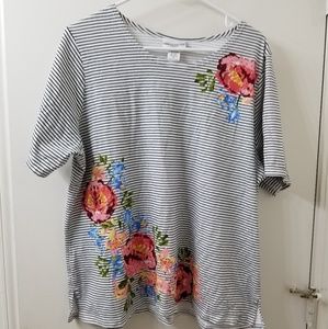 Rebecca Malone 1x b&w striped w flowers tee